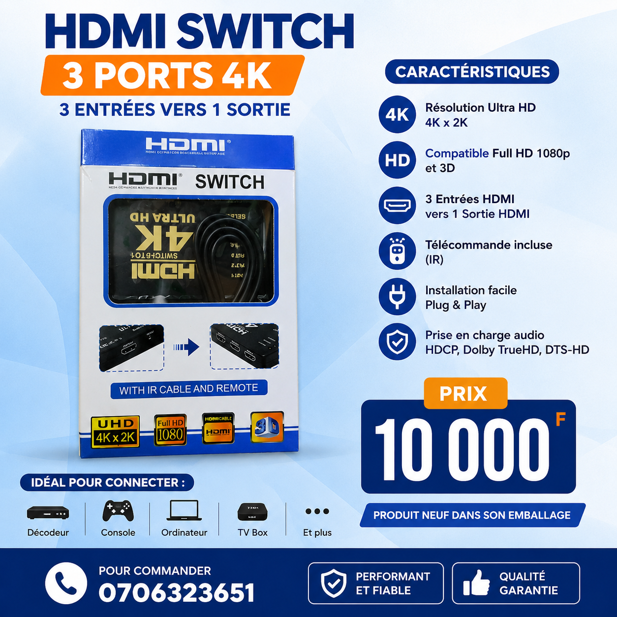 HDMI Switch 3 Ports 4K avec Télécommande